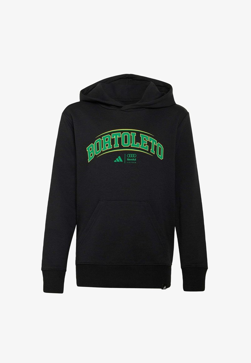 Sweat à capuche noir avec le texte "BORTOLETO" en arc de cercle vert et jaune sur la poitrine, accompagné de petits logos Adidas et Audi verts en dessous.