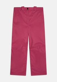 Rosa, vide bukser laget av et glatt, lett materiale. Har sidelommer, knappelukking og beltehemper i livet.