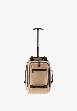 Mochila con ruedas beige con acentos negros, doble cremallera, bolsillo frontal, asas acolchadas y asas retráctiles para facilitar el transporte.