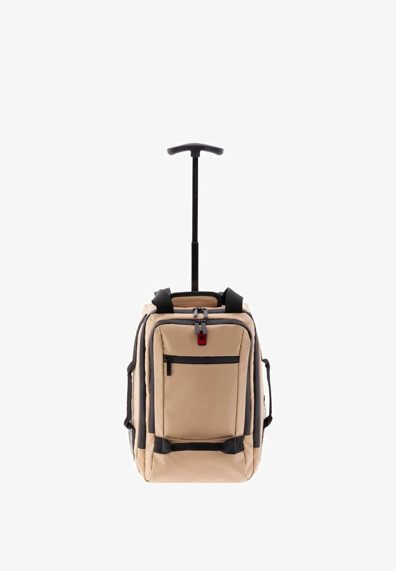 Zaino con rotelle beige con accenti neri, doppia cerniera, tasca frontale, maniglie imbottite e manico retrattile per un facile trasporto.