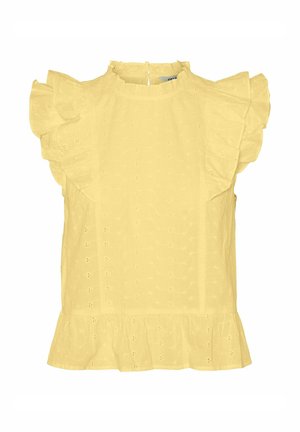 Geltona bluzelė, pagaminta iš tekstūruotos medžiagos, su raukiniais rankovėse ir peplum hemu. Uždarymas nugaros pusėje su skylutės formos atidarymu.