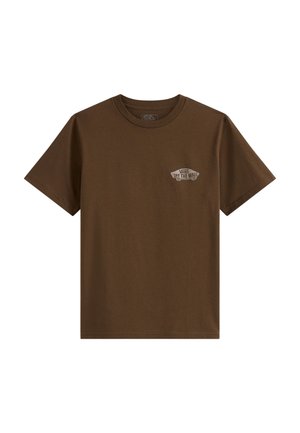 Camiseta marrón de manga corta con el pequeño logo de Vans "Off The Wall" en la parte izquierda del pecho.