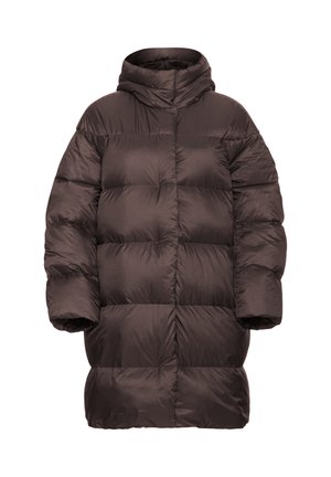 Braune Pufferjacke mit Kapuze, steppdesign und oversized Silhouette. Hergestellt aus glattem, glänzendem Material mit Logodetail.