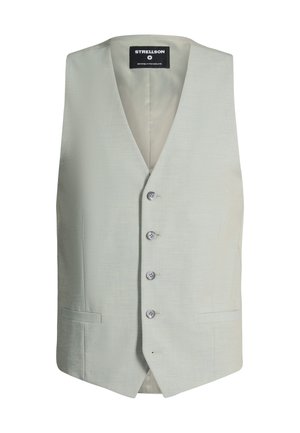 Hellgraue Herrenweste mit vier Knöpfen, V-Ausschnitt, zwei vorderen Paspeltaschen und "Strellson"-Etikett in der Innenseite des Kragens.