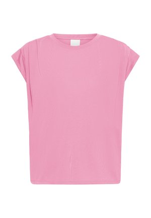Pehme roosa lühikeste varrukatega t-särk ümarate kaelustega ja lõdva lõikega, esitletud valgel taustal.