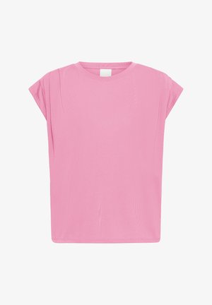 Minkšta rožinė trumpomis rankovėmis marškinėliai su apvalia iškirpte ir laisvu kirpimu, pateikti ant baltos fono.