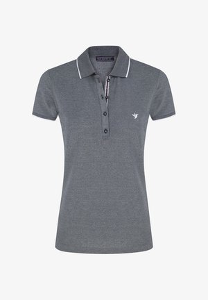 Szara koszulka polo z dzianiny w jednolitym kolorze, krótkie rękawy, kołnierzyk i trzy guziki. Posiada kontrastowe białe wykończenie i logo.