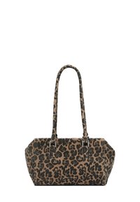 Torebka w panterkę z miękkiego materiału, solidnymi uchwytami i srebrnymi elementami metalowymi. Prostokątny kształt z płaskim dnem dla stabilności.