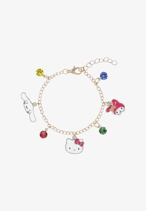 Gouden kettingarmband met kleurrijke charme hangers, waaronder Hello Kitty, een konijn en vier edelsteenachtige accenten in verschillende kleuren.