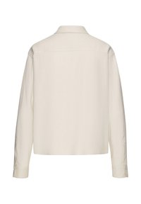 Camicia a maniche lunghe beige chiaro, con colletto e polsini abbottonati, realizzata in un tessuto texturizzato. Design semplice e pulito senza motivi visibili.