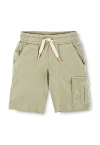 Light olive green shorts made of soft fabric, featuring an elastic waistband with drawstring, side pockets, and a cargo pocket on the right leg.