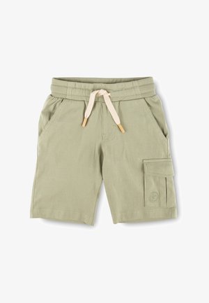 Light olive green shorts made of soft fabric, featuring an elastic waistband with drawstring, side pockets, and a cargo pocket on the right leg.