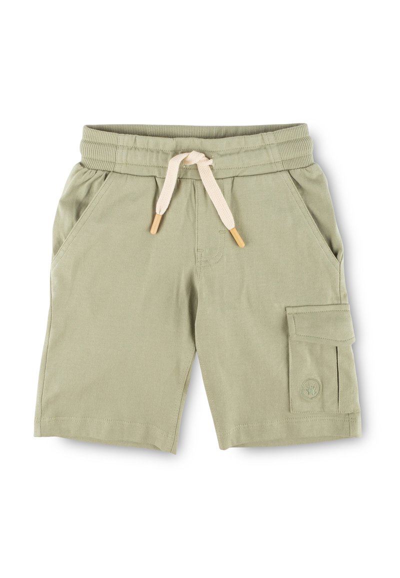 Light olive green shorts made of soft fabric, featuring an elastic waistband with drawstring, side pockets, and a cargo pocket on the right leg.