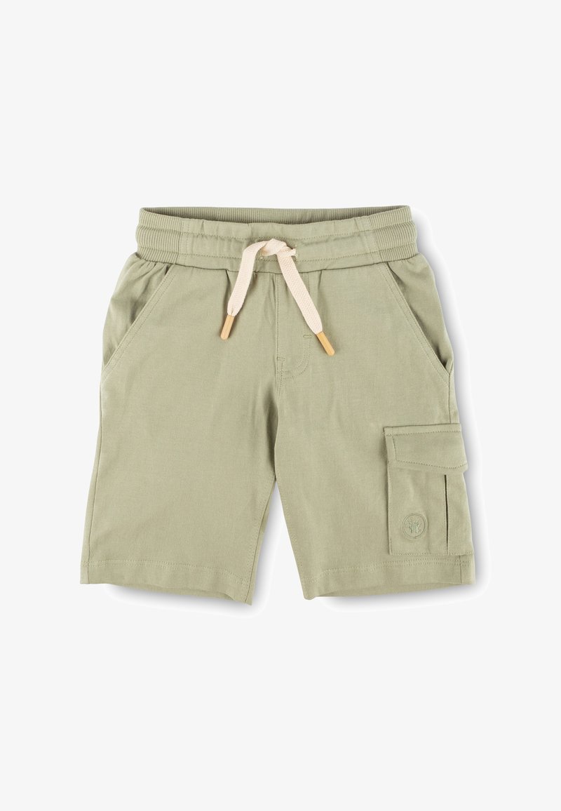 Light olive green shorts made of soft fabric, featuring an elastic waistband with drawstring, side pockets, and a cargo pocket on the right leg.