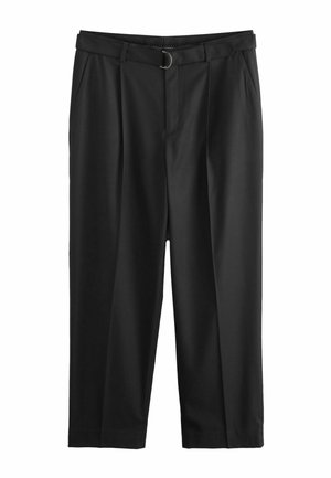 Mustad kõrge vöökohaga püksid esipoolsete voldikute, küljetaskute ja sobiva D-rõngast kinnitusega vööga.