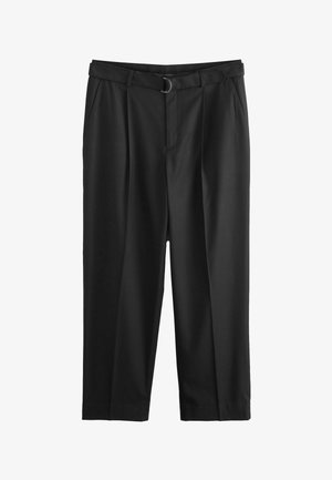 Mustad kõrge vöökohaga püksid esipoolsete voldikute, küljetaskute ja sobiva D-rõngast kinnitusega vööga.