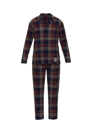 Kariertes Schlafanzug-Set in Rot, Marineblau und Beige. Langärmliges, geknöpftes Oberteil mit Kragen; passendes Hosen mit elastischen Bündchen und einem Etikett-Detail.
