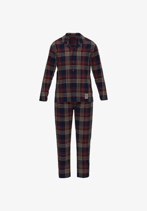 Kariertes Schlafanzug-Set in Rot, Marineblau und Beige. Langärmliges, geknöpftes Oberteil mit Kragen; passendes Hosen mit elastischen Bündchen und einem Etikett-Detail.