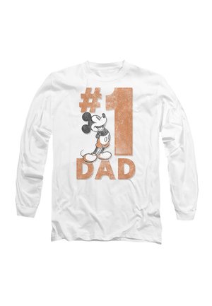 White long-sleeve shirt featuring a graphic of Mickey Mouse and the text "#1 DAD" in large, distressed orange font.