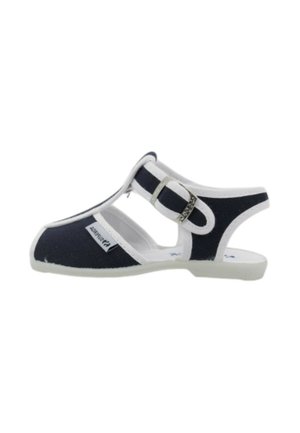 Sandalo aperto per bambini blu navy e bianco con cinturino con fibbia e suola piatta.