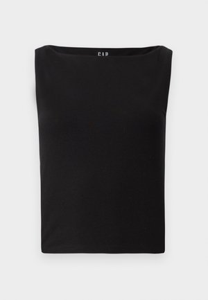 Top aderente nero con scollatura quadrata, realizzato in morbido cotone, privo di ulteriori motivi o dettagli. Design semplice e lineare.