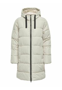 Veste parka rembourrée en beige clair avec capuche, fermeture éclair devant, cordons de serrage noirs et deux poches latérales, présentant une texture matelassée.