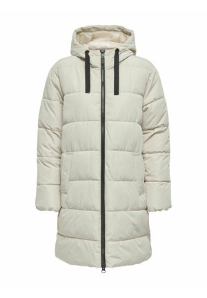 Parka imbottita di colore beige chiaro con cappuccio, zip frontale, cordini neri e due tasche laterali, caratterizzata da una texture trapuntata.