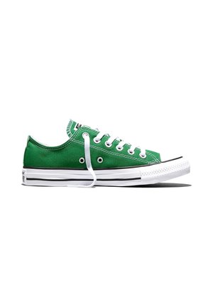 Grøn lavtop lærredsneaker med hvide snørebånd, hvid gummisål og sort stribedetalje, vist fra siden på en hvid baggrund.