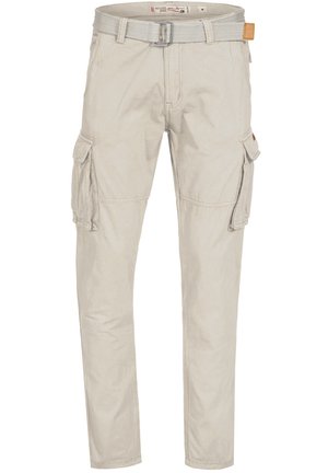 Pantaloni cargo beige in cotone, con molteplici tasche laterali, una cintura e gambe dritte con una consistenza liscia.