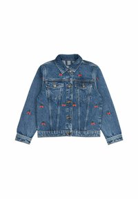 Jeans jakna s plavim pranjem, z rdečo in zeleno vezenino češnje. S sprednjim gumbom, dvema prsnikoma in dolgimi rokavi.