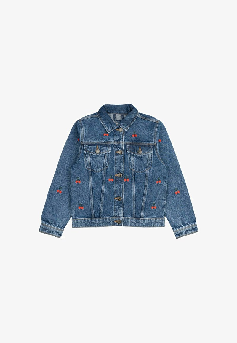 Džinsa jaka ar zilu mazgāšanu, ar ķiršu izšuvumiem sarkanas un zaļas krāsas. Ar pogām aizdaram priekšā, divi krūšu kabatas un garas piedurknes.