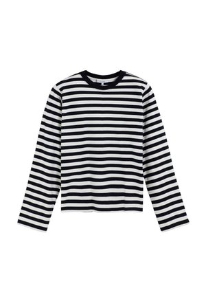 Camiseta de manga larga con rayas horizontales en azul marino y blanco, cuello redondo y dobladillo recto. Confeccionada en una suave tela texturizada.