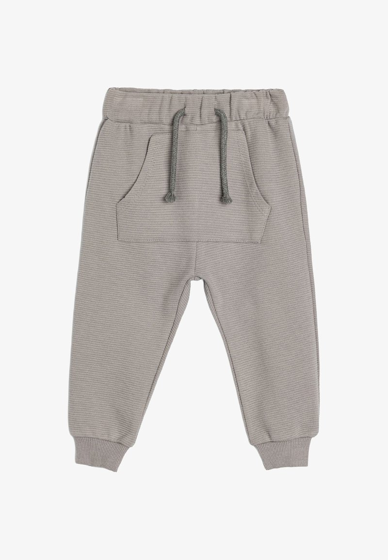 Graue gestreifte Jogginghosen mit einem elastischen Bund, Kordelzügen und einer frontalen Tasche. Mit schmalen Bündchen am Knöchel.