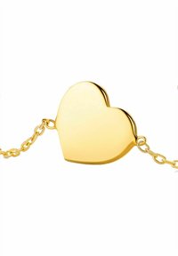 Pendente a forma di cuore in oro su una delicata catena con superficie lucida e bordi lisci, caratterizzato da un design semplice senza motivi aggiuntivi.