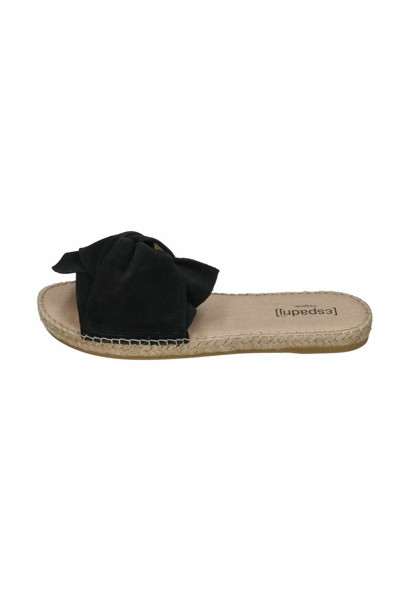 Black suede slide sandal featuring a knotted bow detail, jute-wrapped sole, and a flat footbed with a natural leather lining.