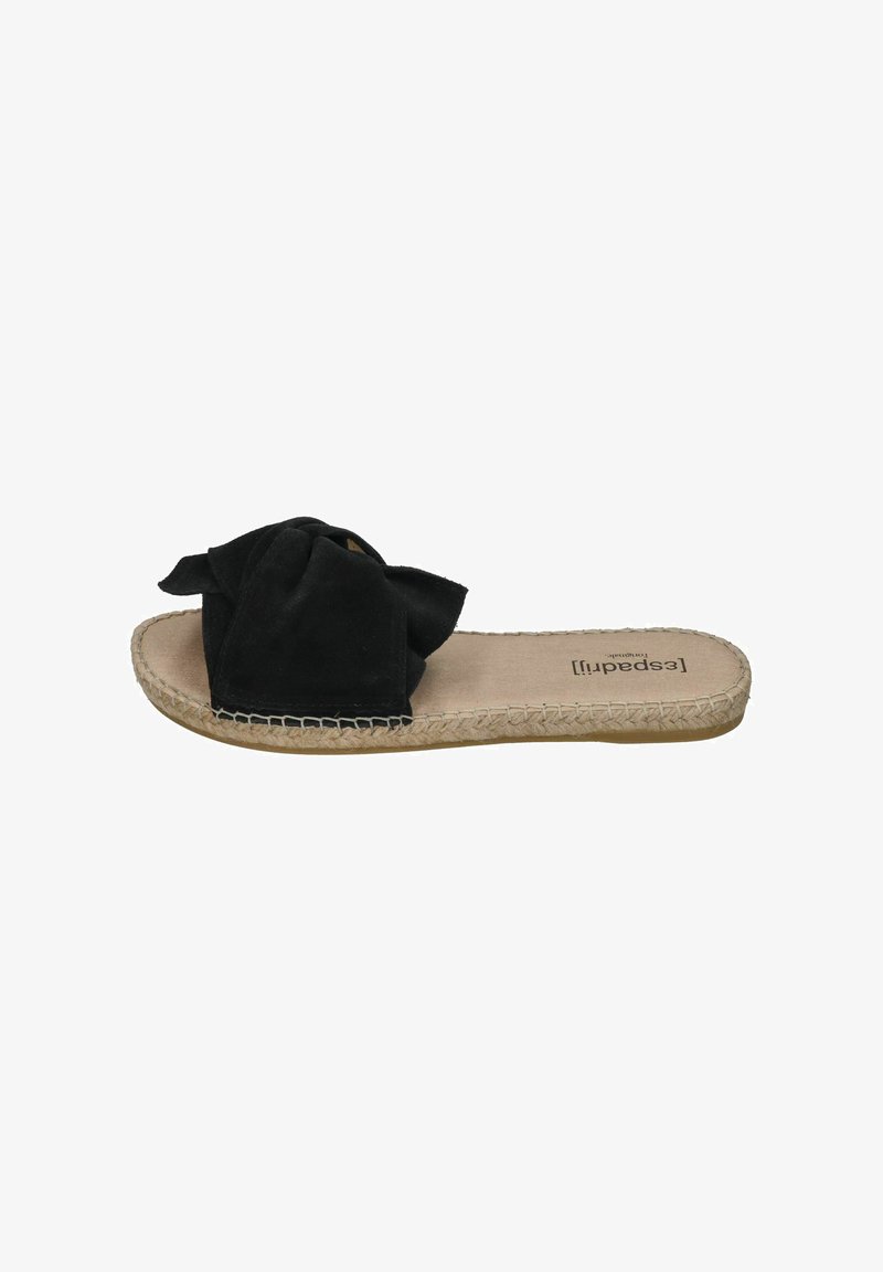 Black suede slide sandal featuring a knotted bow detail, jute-wrapped sole, and a flat footbed with a natural leather lining.
