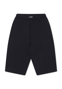 Pantaloni neri cropped con elastico in vita, caratterizzati da una texture liscia e gambe a taglio dritto. Design semplice senza dettagli aggiuntivi.