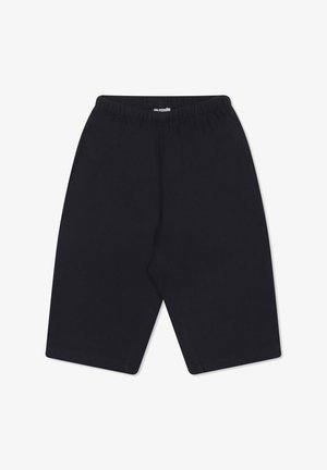 Pantaloni neri cropped con elastico in vita, caratterizzati da una texture liscia e gambe a taglio dritto. Design semplice senza dettagli aggiuntivi.