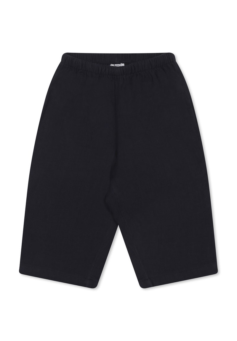 Pantaloni neri cropped con elastico in vita, caratterizzati da una texture liscia e gambe a taglio dritto. Design semplice senza dettagli aggiuntivi.