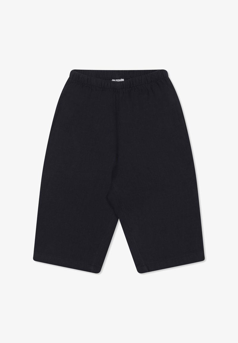 Pantaloni neri cropped con elastico in vita, caratterizzati da una texture liscia e gambe a taglio dritto. Design semplice senza dettagli aggiuntivi.