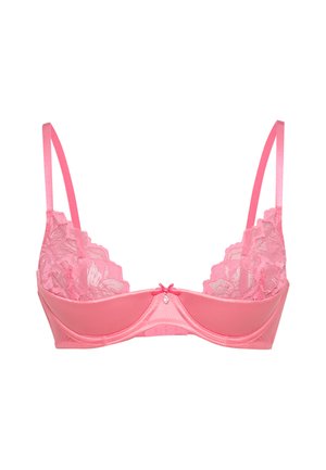 Pink lace and satin bra featuring floral patterns, adjustable straps, a small bow detail at the center, and a seamless cup design.