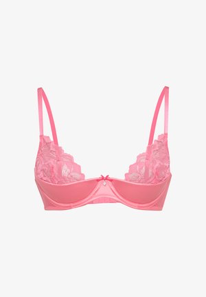 Pink lace and satin bra featuring floral patterns, adjustable straps, a small bow detail at the center, and a seamless cup design.