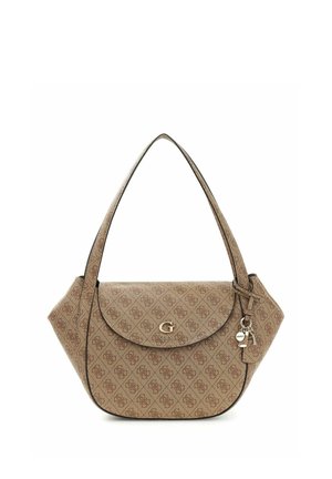 Brown patterned shoulder bag with front flap, gold "G" logo, and attached keychain charms, by Guess.