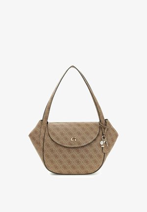 Sac à épaule marron à motif avec rabat avant, logo doré "G" et breloques porte-clés attachées, par Guess.