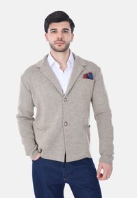 Cardigan in maglia beige con colletto a scialle, due tasche e chiusura a bottone. Presenta un fazzoletto da taschino con un motivo colorato. Indossato sopra una camicia bianca.