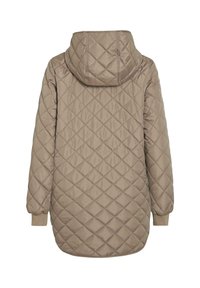 Veste beige matelassée avec capuche, présentant un motif en losanges et des manches longues, terminée par des poignets côtelés et un ourlet arrondi.