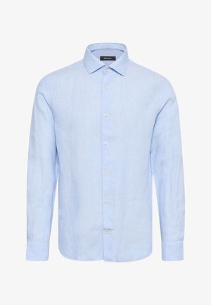 Gai zila lina krekls ar garām piedurknēm un klasisku apkakli. Tam ir pogām aizdara priekšpuse un gluda tekstūra ar smalku audumu.