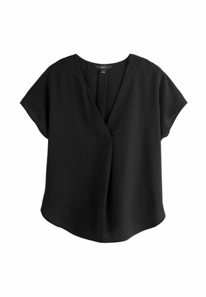 Zwarte top met korte mouwen, V-hals en drapering aan de voorkant. Gemaakt van lichte stof met een gladde textuur en een ontspannen pasvorm.