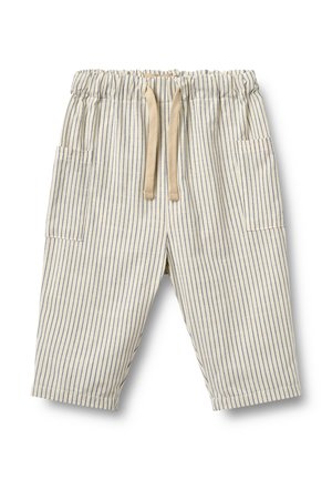 Pantaloni per bambini di colore crema con strette strisce verticali blu scuro, vita elasticizzata, coulisse beige e tasche a toppa laterali.