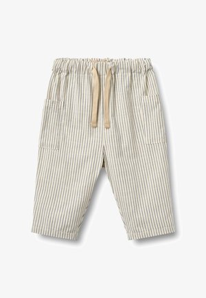 Kreemikollased väikelapse püksid kitsaste vertikaalsete tumesiniste triipudega, elastse vöökoha, beežika nöörpaela ja külgedel asetsevate taskutega.